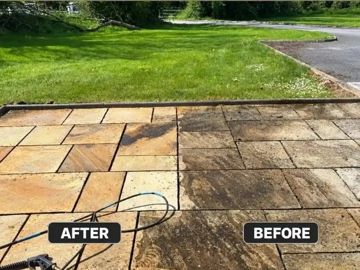 Patio Cleaning Before and After Patio paving showing before and after cleaning sections