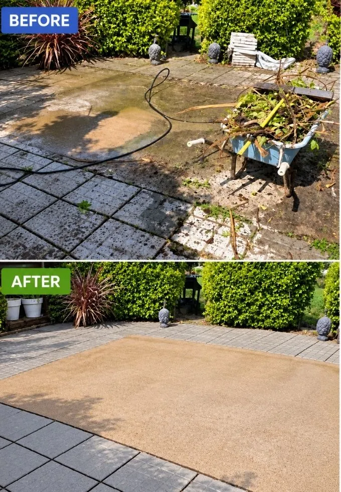 Patio Repairs Before After Patio before and after restoration, with stained paving and garden debris above and a clean, resurfaced area below.